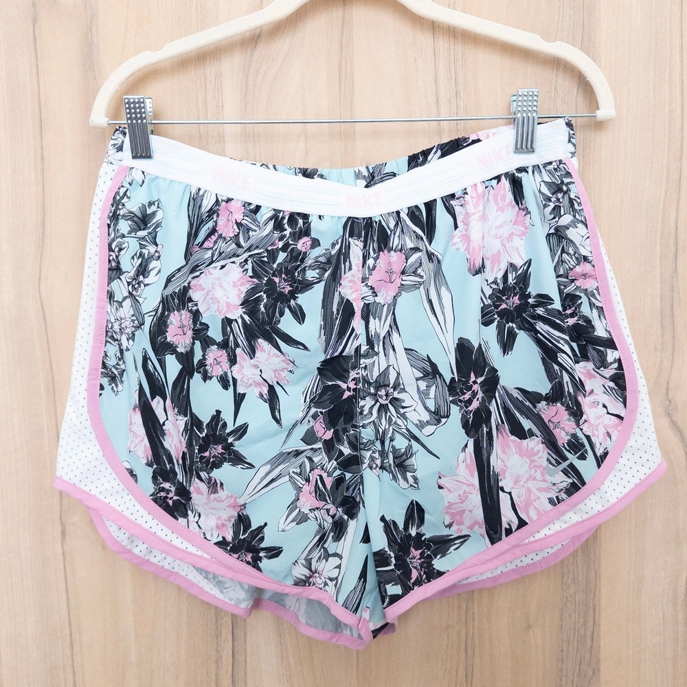 Nike Women Active Shorts Size L Blue Pink Floral Dri Fit Athletic Running Sporty